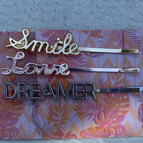 3/$20 Graphic WORD Metallic HAIR CLIPS Barrettes "Smile" "Love" "Dreamer" NEW! - Picture 1 of 1